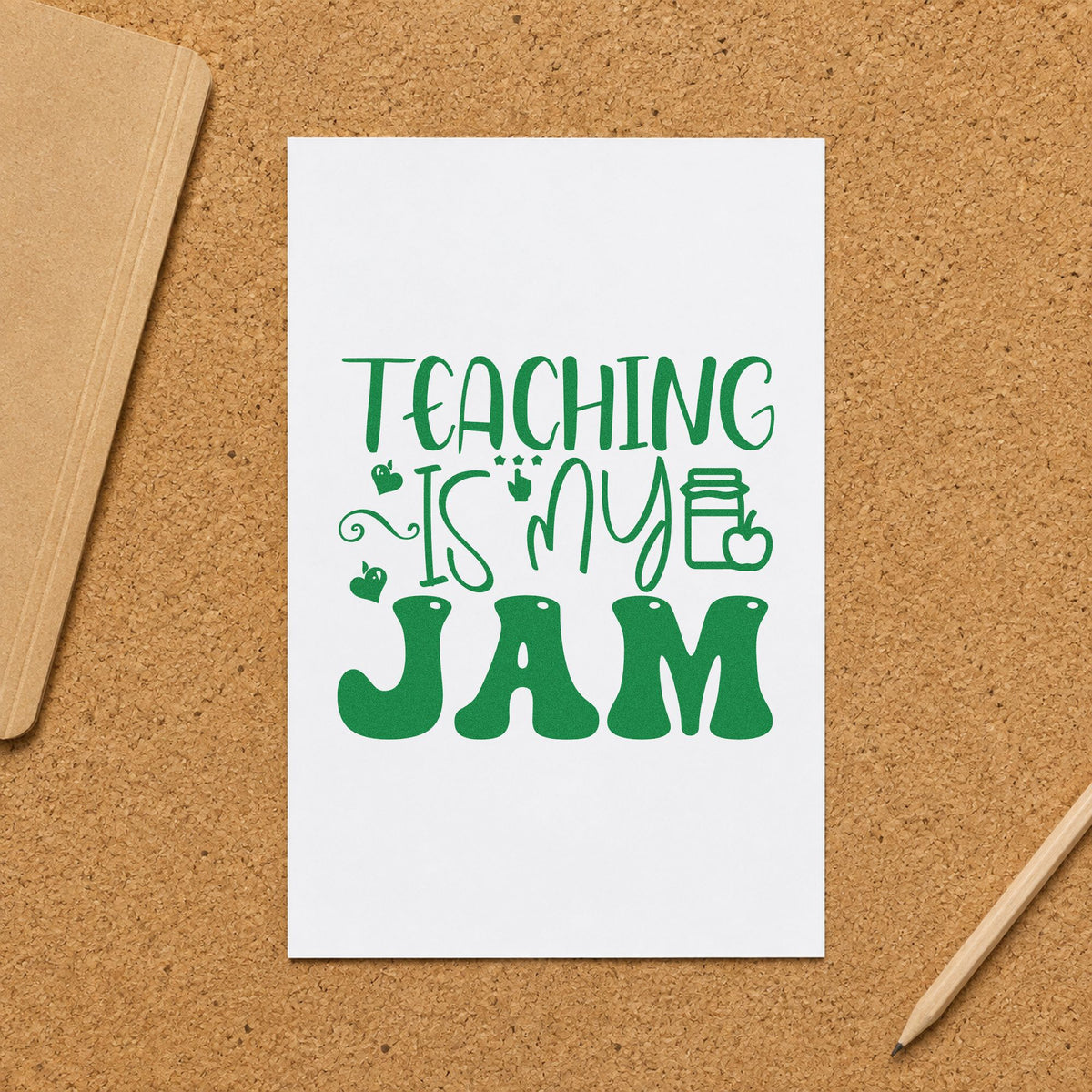 Teaching Is My Jam Icons craft stamp imprint in green ink on a handmade project, one idea being shelf list pages.