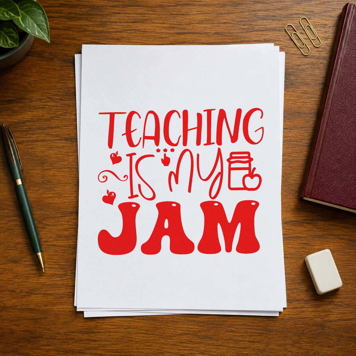 Teaching Is My Jam Icons rubber stamp shown in red ink, stamped for projects such as author visit notes.