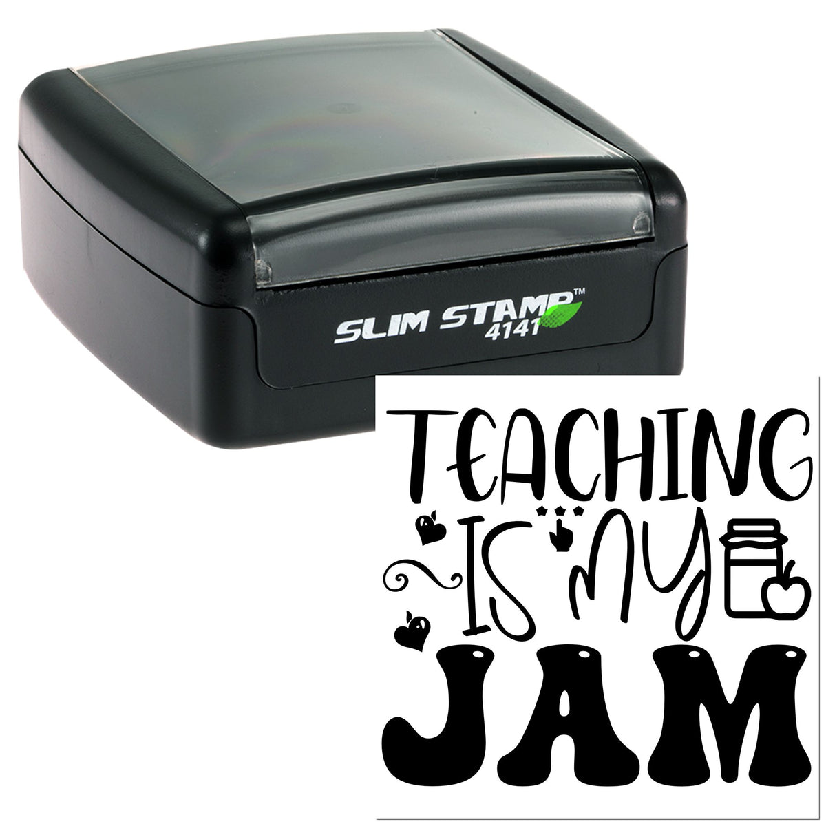 Black self-inking stamp and seal with clear cover, showing Teaching is my jam in bold black lettering with apple and school icons.