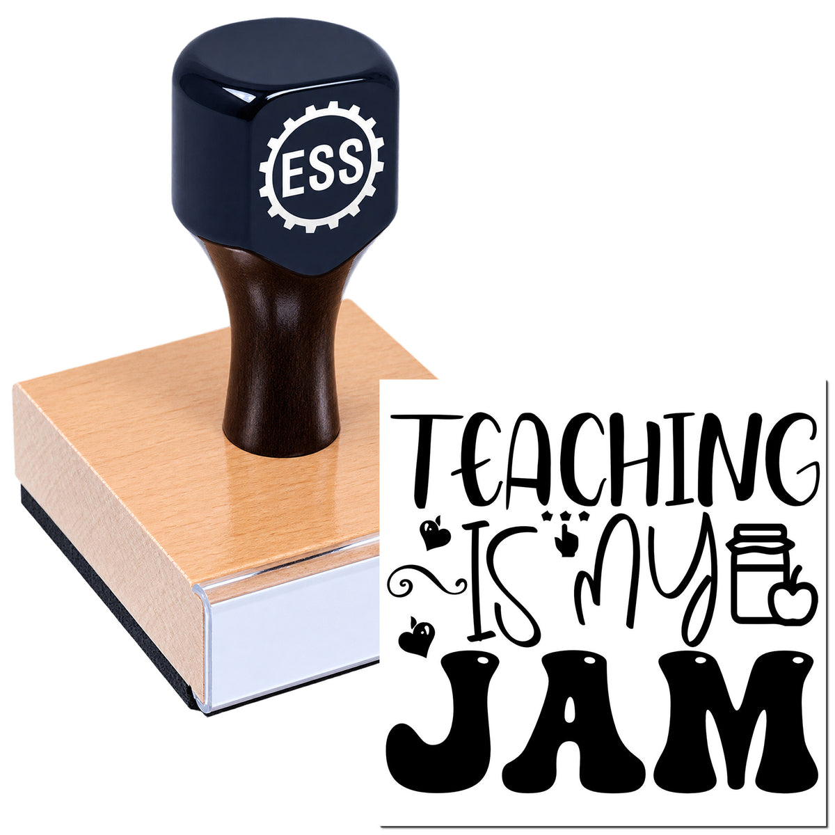 Dark navy teaching rubber stamp and seal on a pink wood block with black "Teaching Is My Jam" lettering.