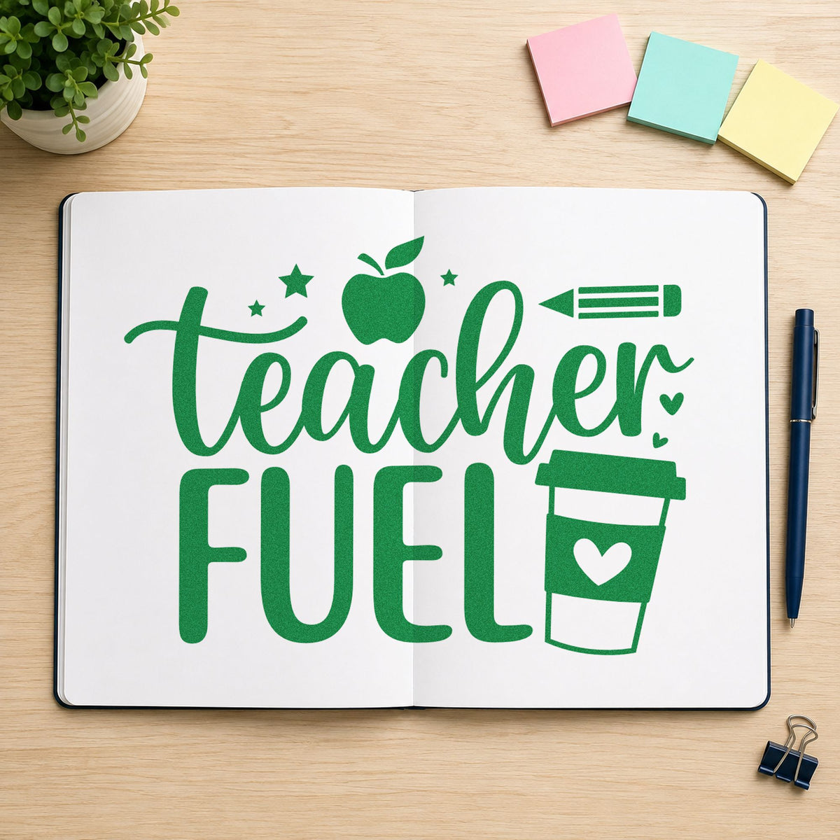 Teacher Fuel Coffee Cup craft stamp imprint in green ink on a handmade project, one idea being shopping list pages.