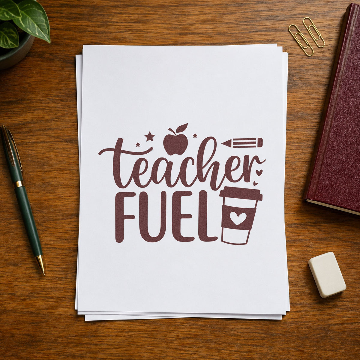 Teacher Fuel Coffee Cup rubber stamp printed in brown ink, ready for snack caddy labels and similar paper crafts.