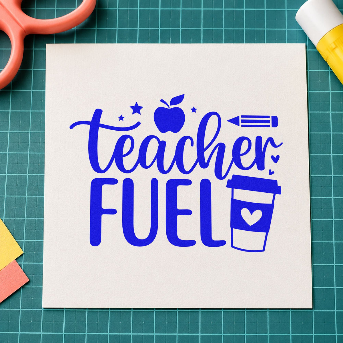 Teacher Fuel Coffee Cup craft stamp in blue ink on cardstock, an easy option for cool bag panels.