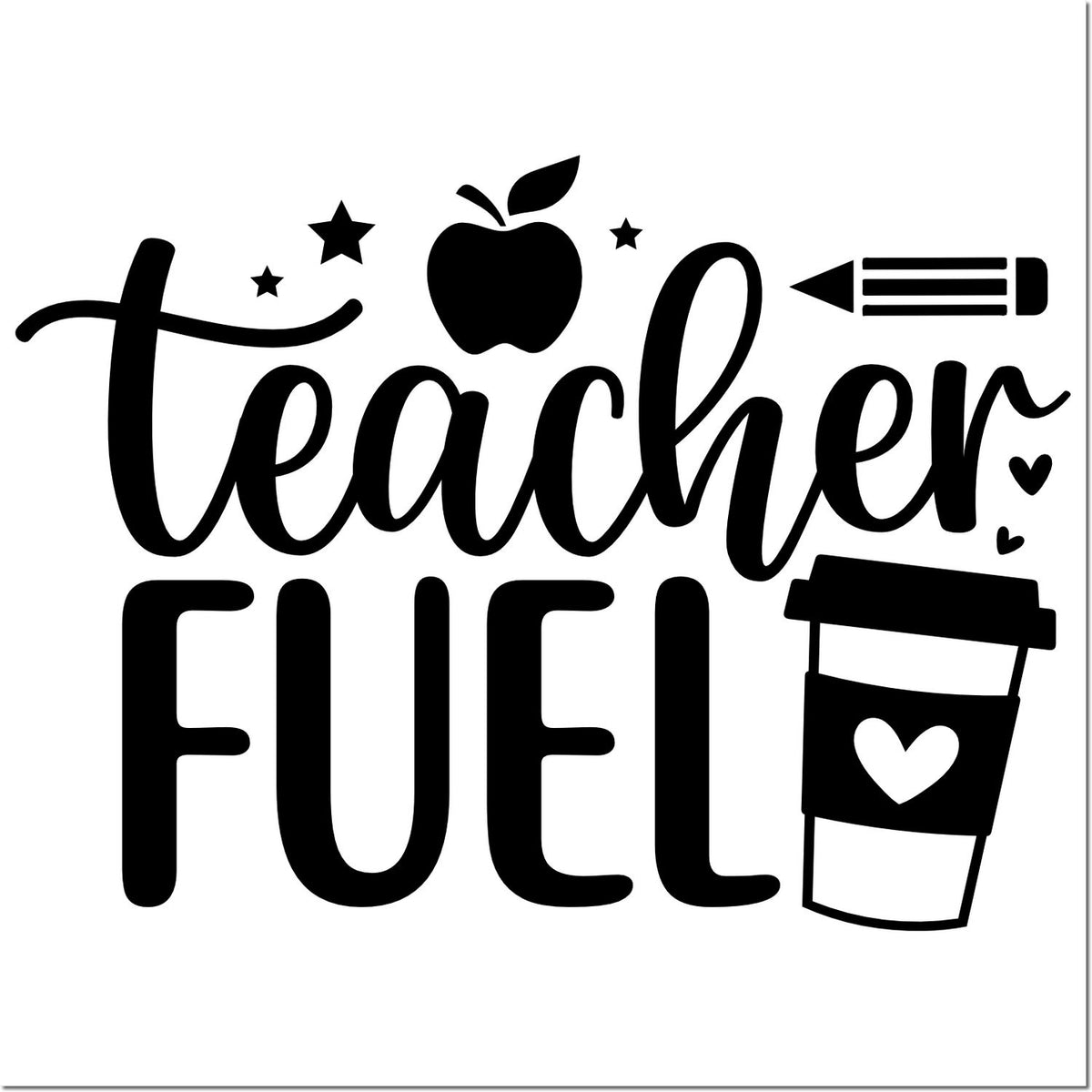 Black teacher fuel stamp and seal design with apple, pencil, stars, and coffee cup with heart on white background.