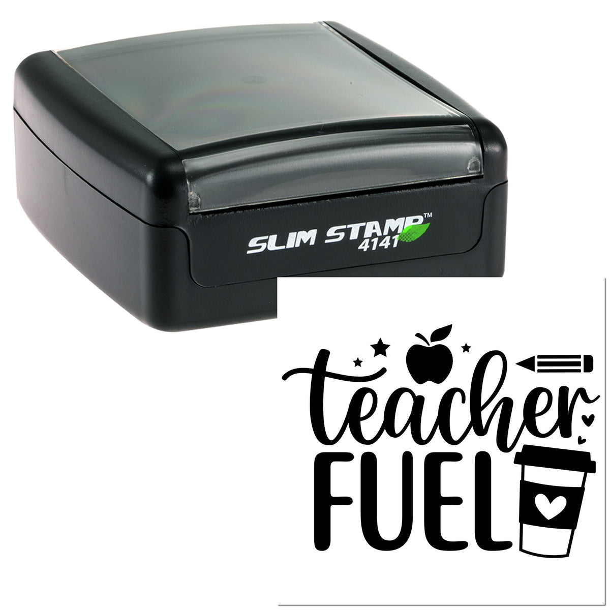 Black Slim Stamp 4141 self-inking stamp and teacher fuel seal design with apple, pencil, and coffee cup on white background.