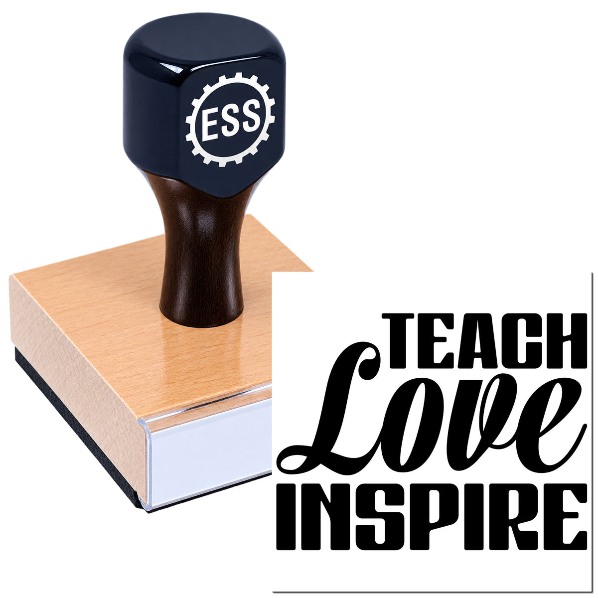 Dark blue self-inking stamp and seal on a tan base with ESS logo and Teach Love Inspire text.