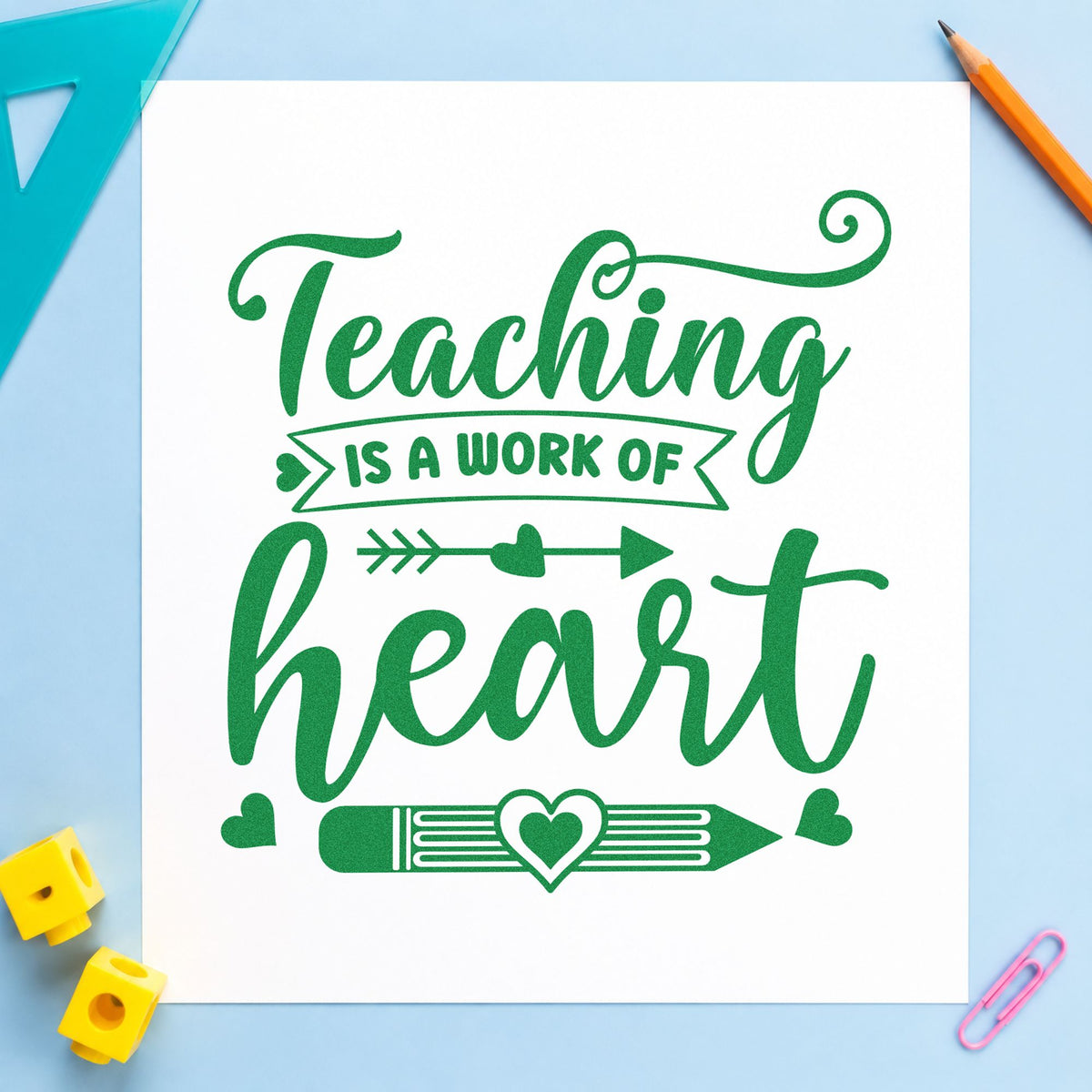 Teaching Work Of Heart Pencil craft stamp imprint in green ink on a handmade project, one idea being citation read pages.