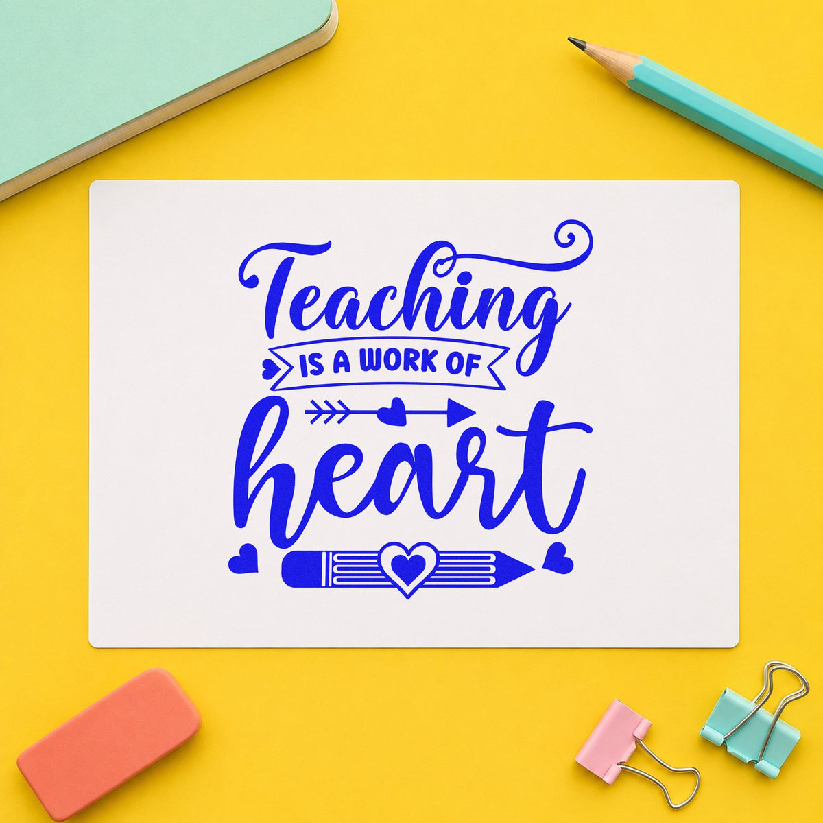 Teaching Work Of Heart Pencil craft stamp imprinted in blue ink on paper, a design suited to nomination seals.