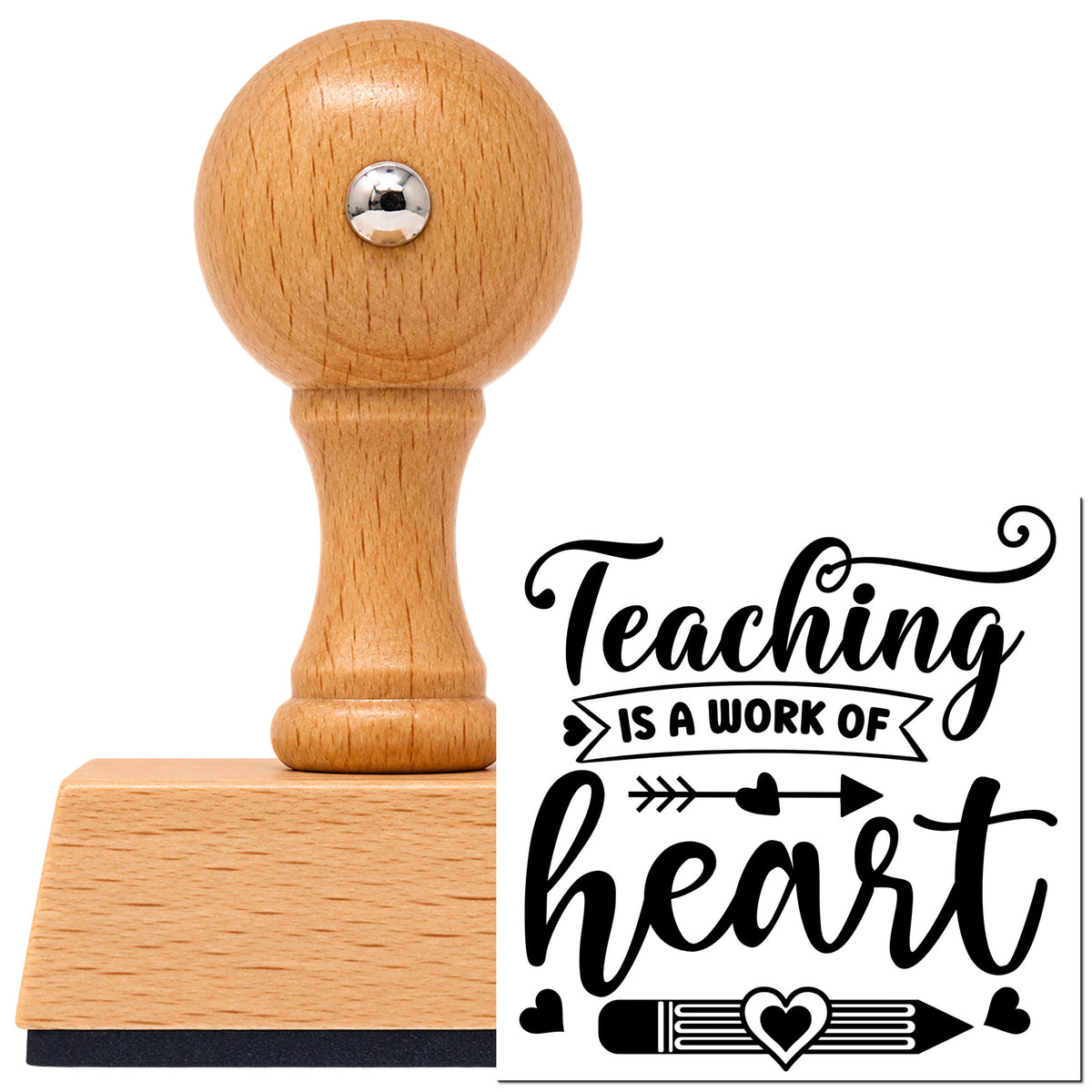 Vintage Pro beech wood stamp with a round knob handle, shown with its black Teaching Work Of Heart Pencil Arrow imprint on white.
