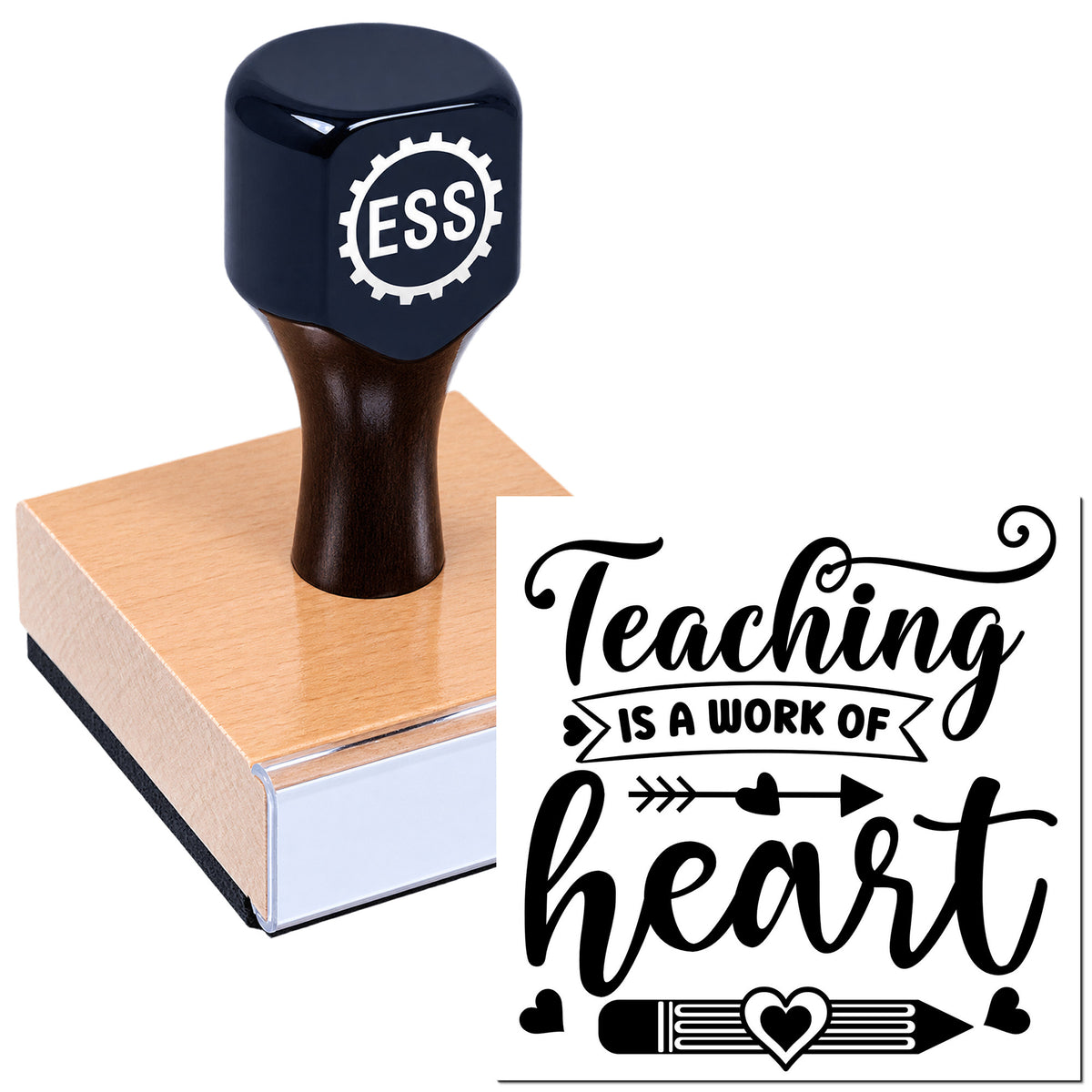 Black ESS stamp on wooden block with "Teaching is a work of heart" seal design and heart accents