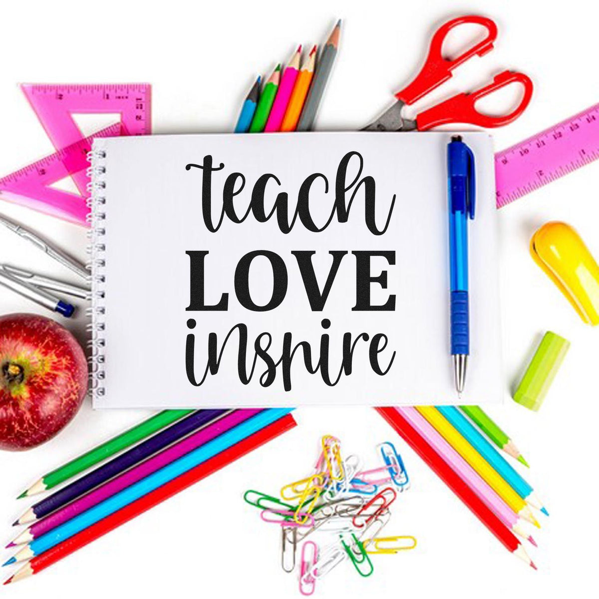Teacher Love Inspire stamp and seal design with colorful pencils, rulers, scissors, and paper clips on white background