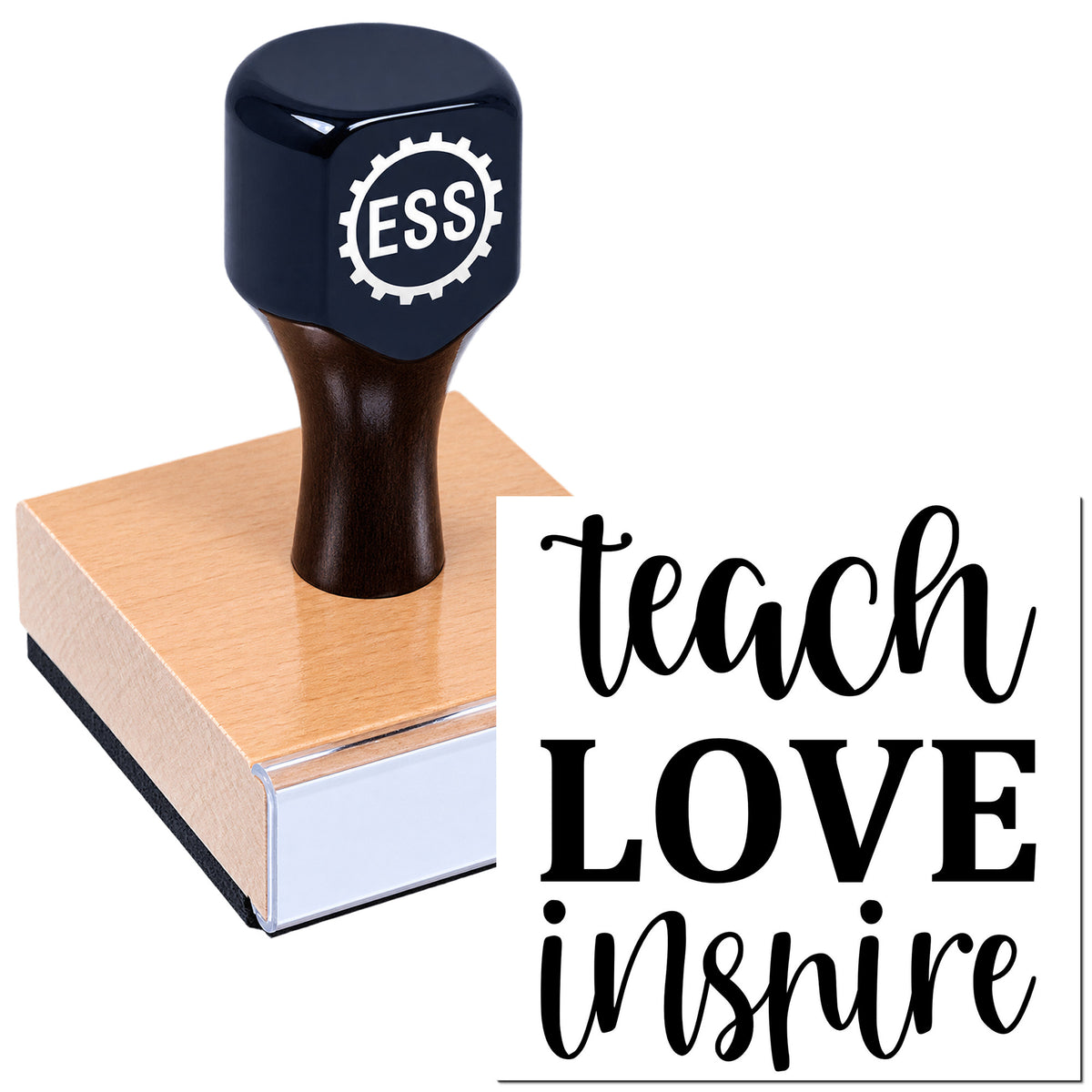 Dark blue ESS gear-shaped stamp on pink seal block beside black "Teach Love Inspire" text.