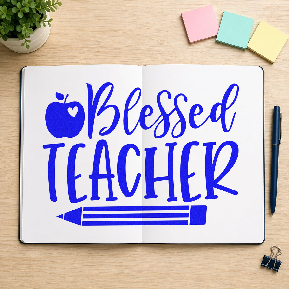 Blessed Teacher Apple Pencil craft stamp in blue ink on cardstock, an easy option for cassock trim panels.