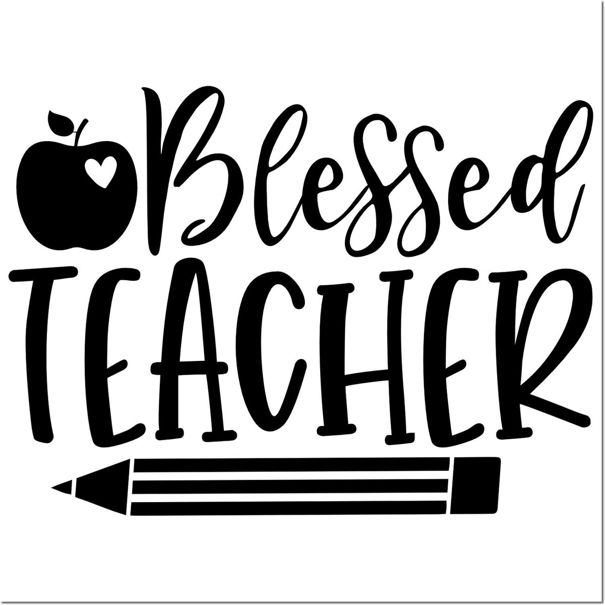 Black Blessed Teacher stamp design with apple heart icon and pencil on a white background.