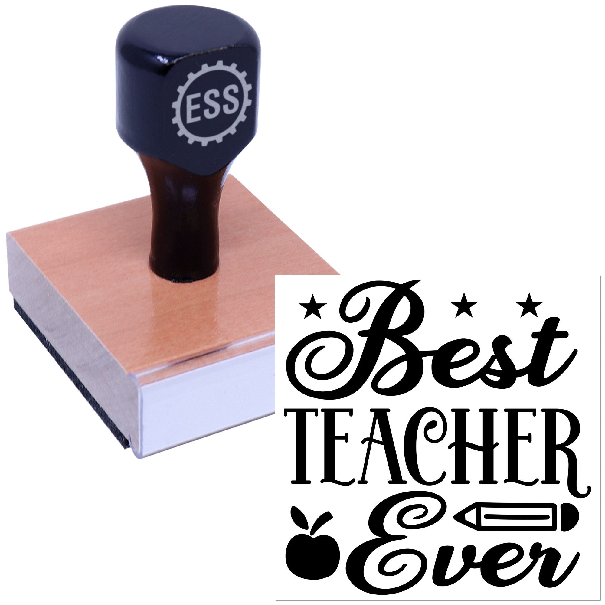 Dark navy ESS rubber stamp on a wood block with bold black Best Teacher Ever teacher seal design.
