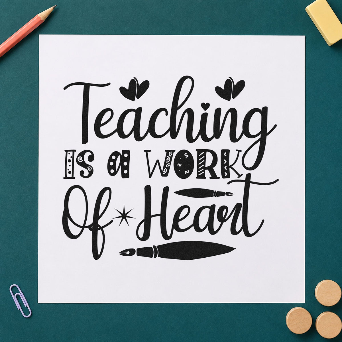 Teaching Work Of Heart Pens rubber stamp printed in black ink, ready for fountain pens cards and similar paper crafts.