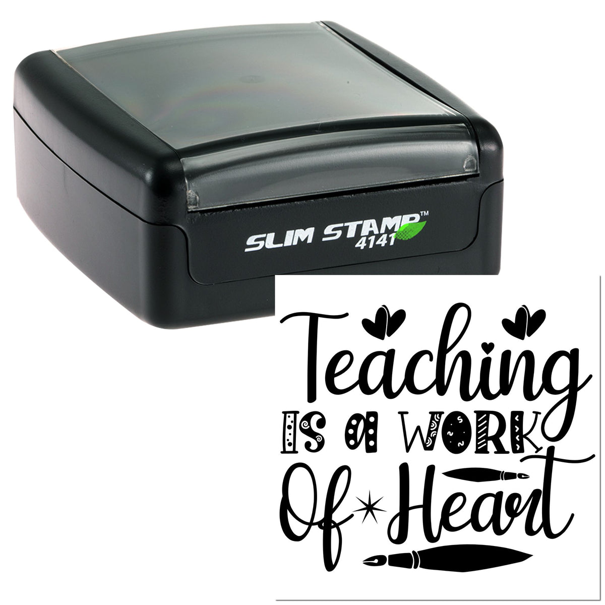 Black Slim Stamp 4141 self-inking stamp with Teaching is a work of heart seal design, hearts and pen icons on white.