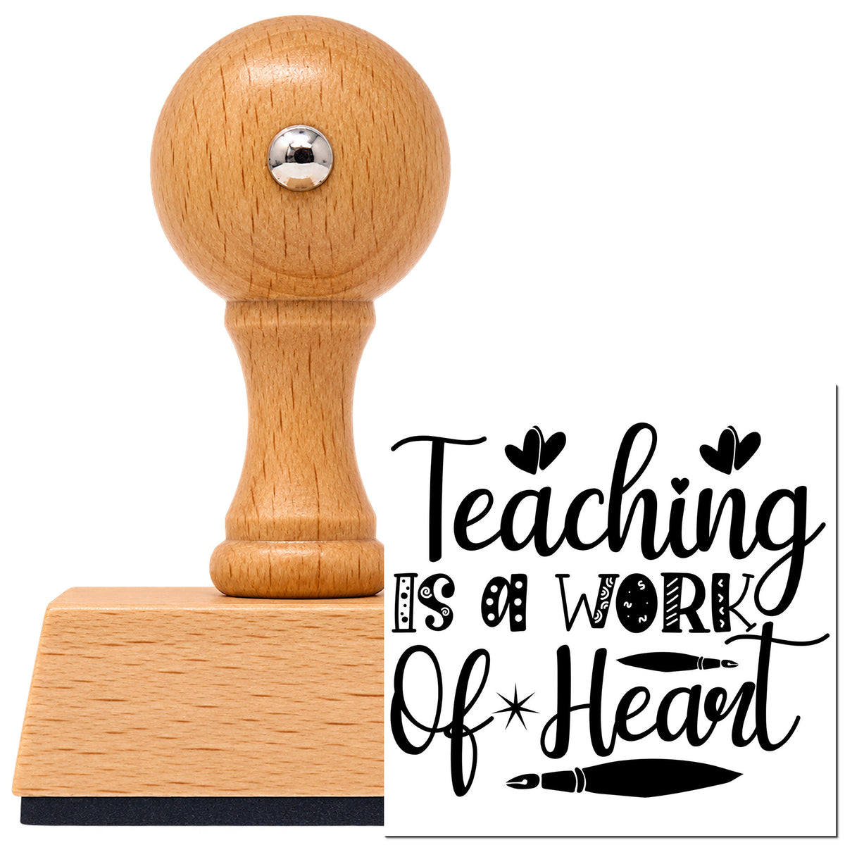 Vintage Pro beech wood stamp with a round knob handle, shown with its black Work Of Heart With Two Fountain Pens imprint on white.