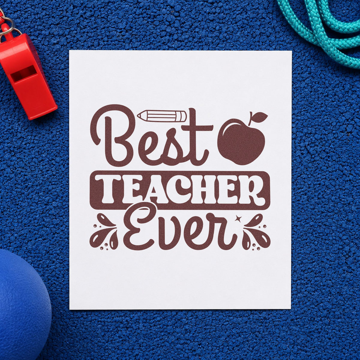 Best Teacher Ever Apple rubber stamp printed in brown ink, ready for trophy shelf labels and similar paper crafts.