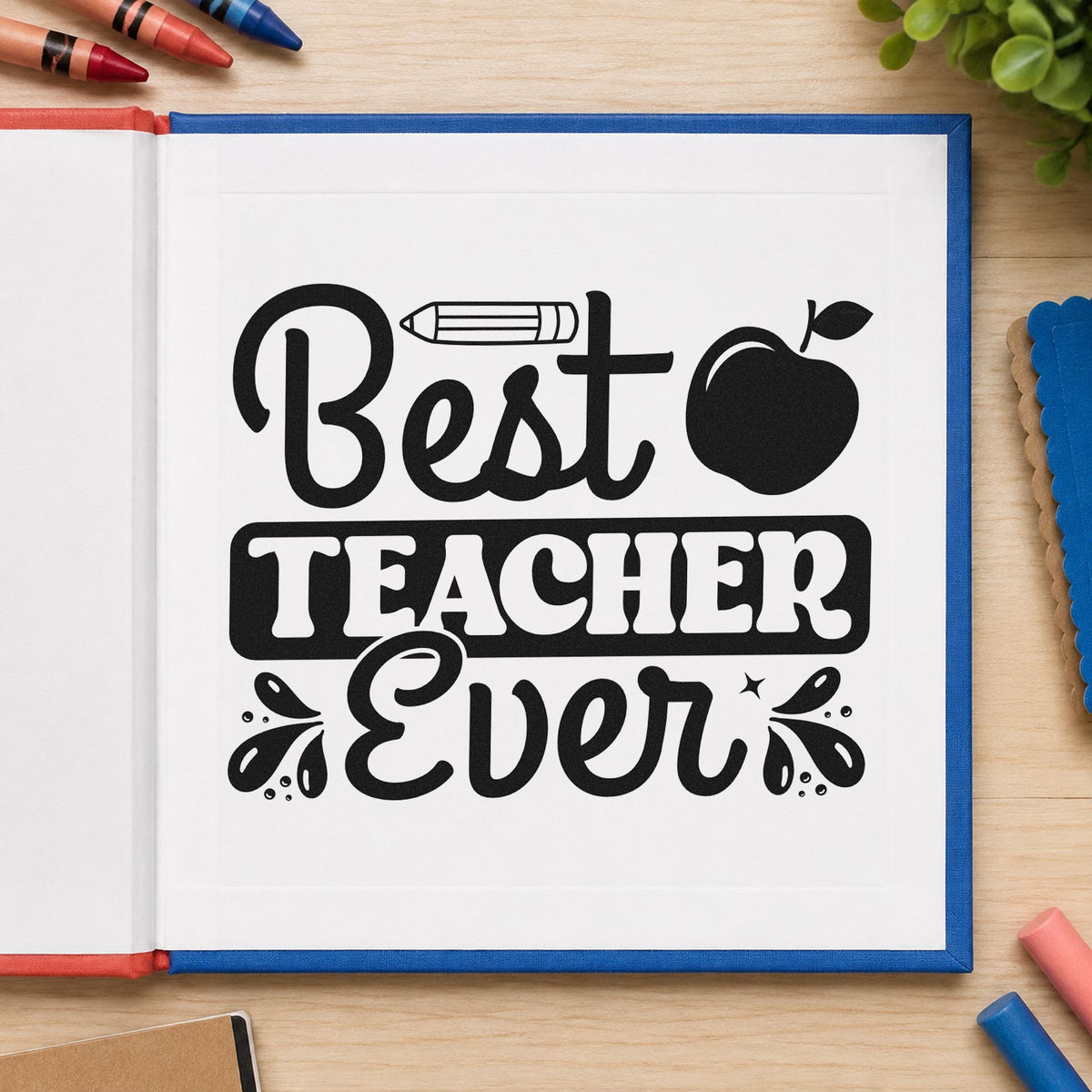 Best Teacher Ever Apple rubber stamp printed in black ink, ready for dark banner cards and similar paper crafts.