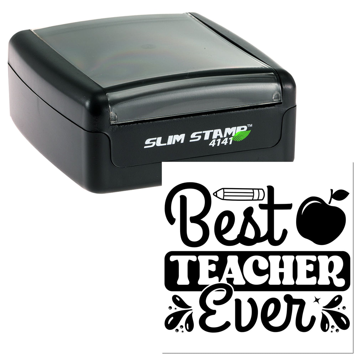 Black Slim Stamp 4141 self-inking stamp with gray cover and Best Teacher Ever seal design on white background.