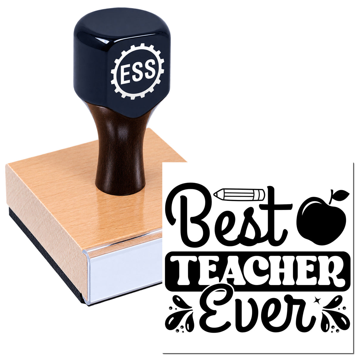 Dark navy custom stamp and seal on wooden block, with "Best Teacher Ever" and apple icon on white background.