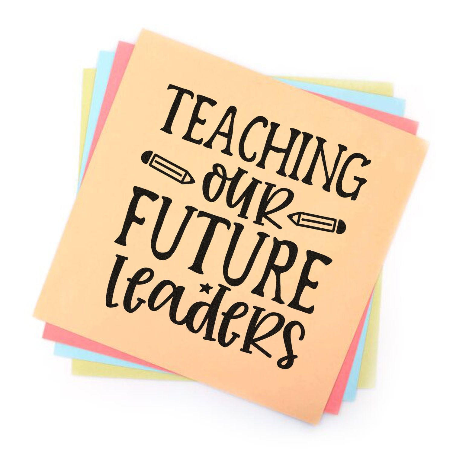 Peach custom teaching stamp seal with black lettering and pencil icons, layered over pastel pink, blue, and yellow sheets.