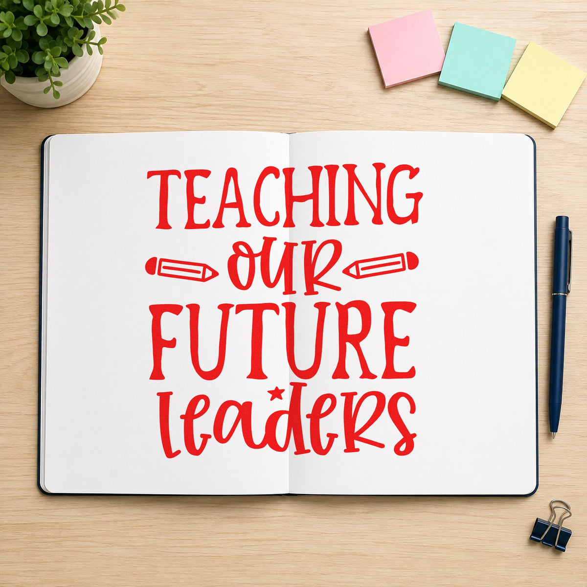 Teaching Our Future Leaders rubber stamp shown in red ink, stamped for projects such as qualified day notes.