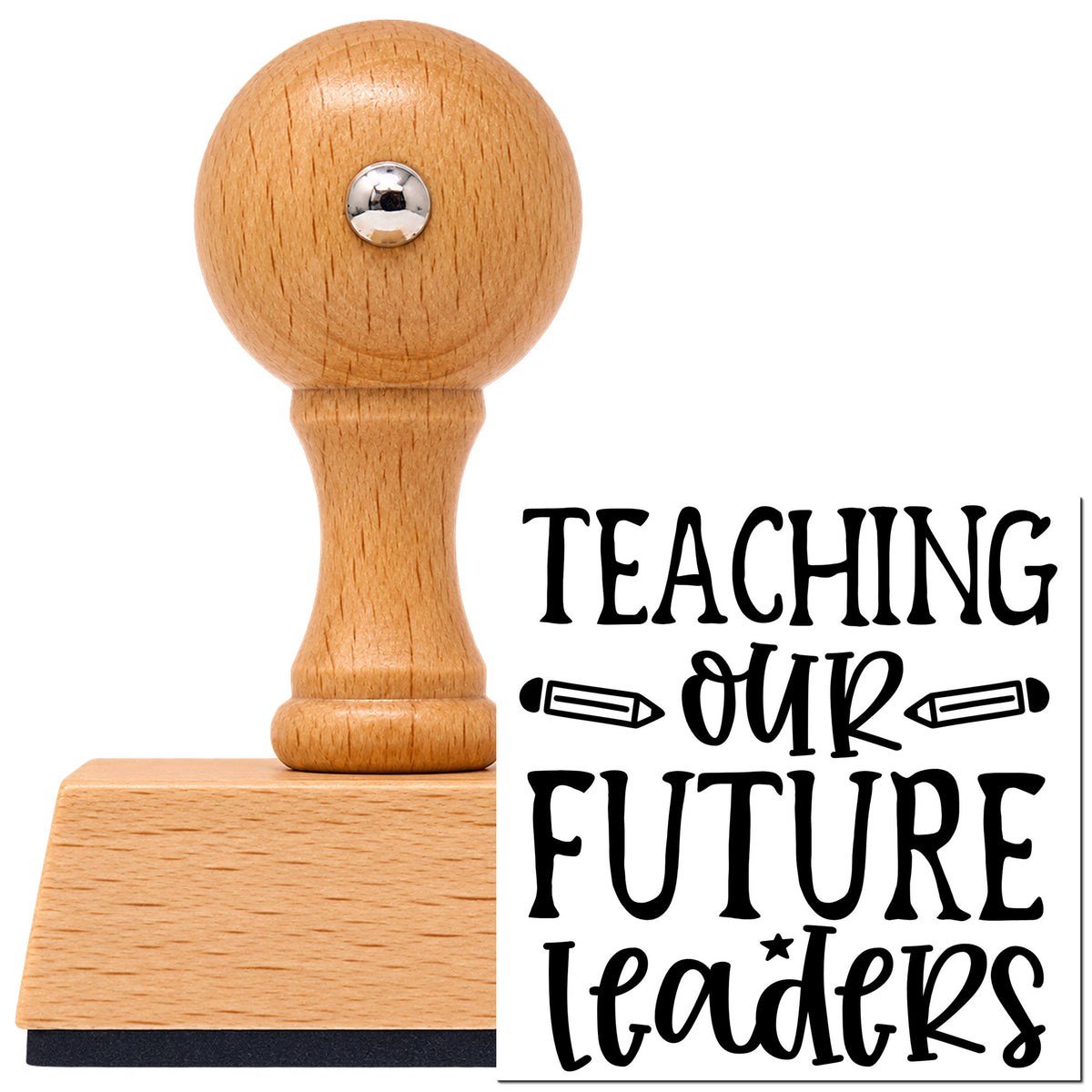 Vintage Pro beech wood stamp with a round knob handle, shown with its black Teaching Our Future Leaders Pencil imprint on white.