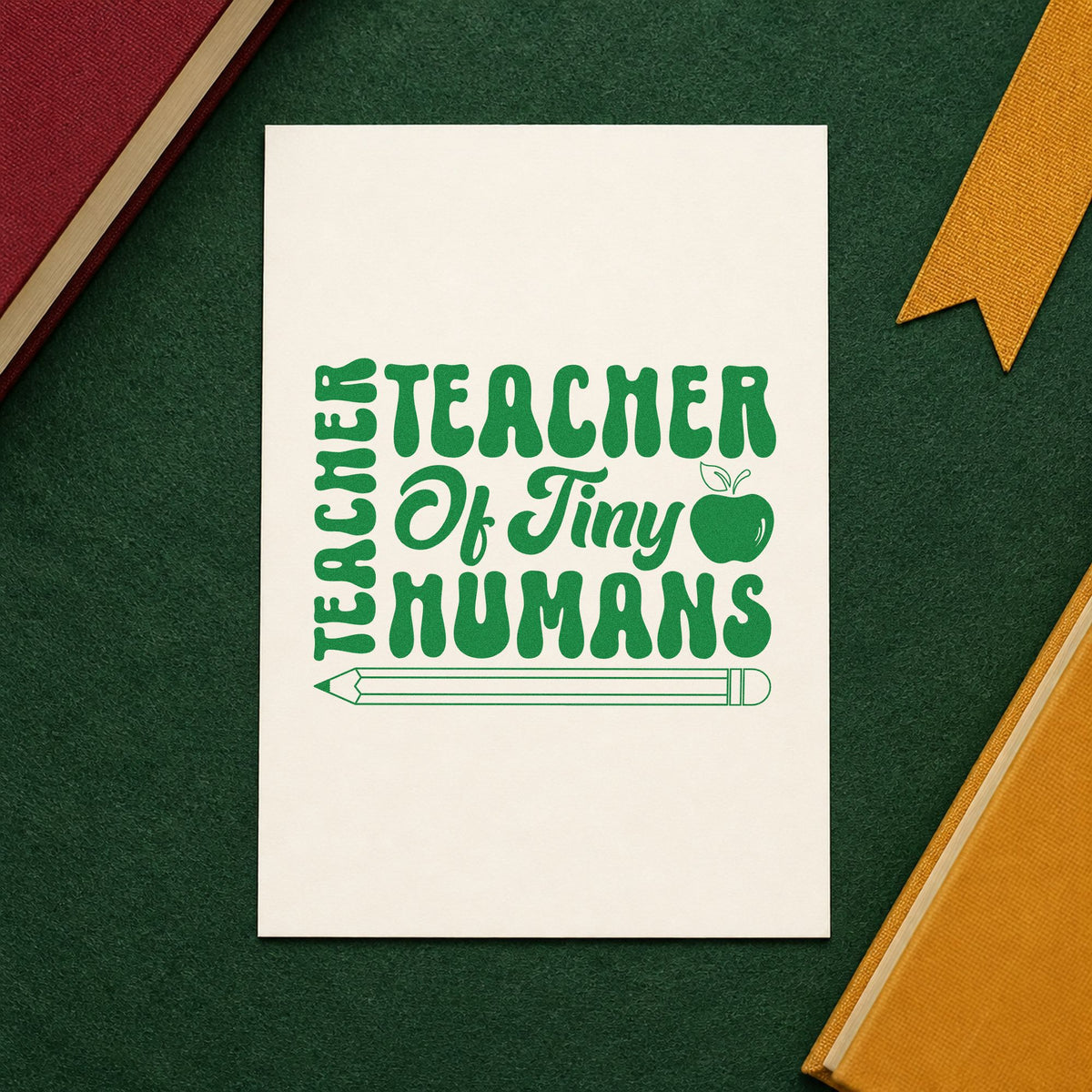 Teacher Of Tiny Humans Pencil craft stamp imprint in green ink on a handmade project, one idea being framed peg rail.