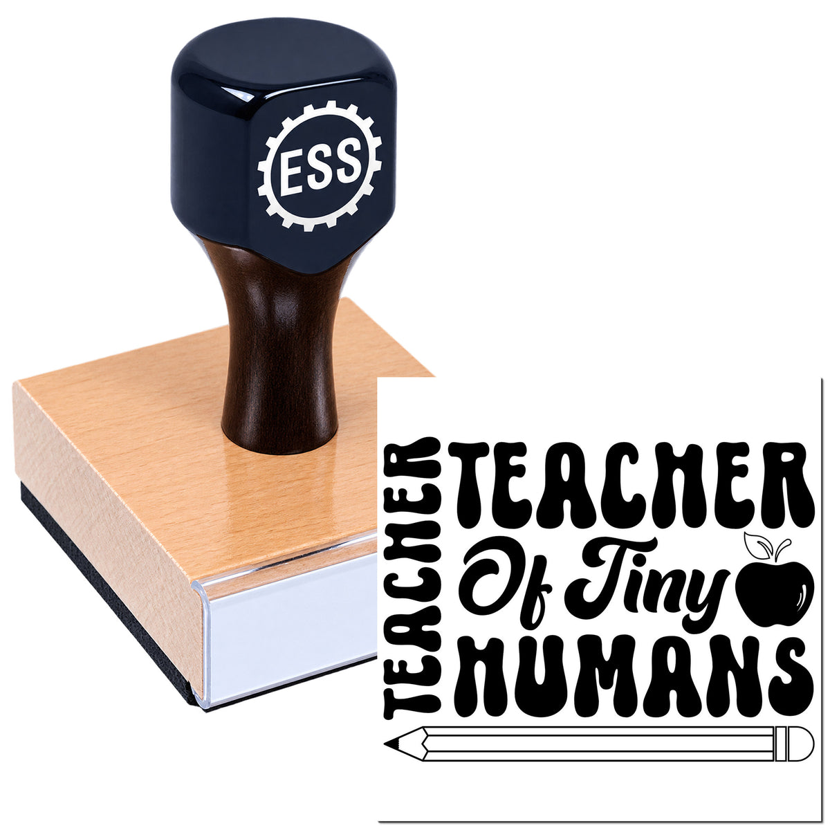 Dark navy rubber teacher stamp on a wooden seal block, with black "Teacher of Tiny Humans" imprint and apple icon.