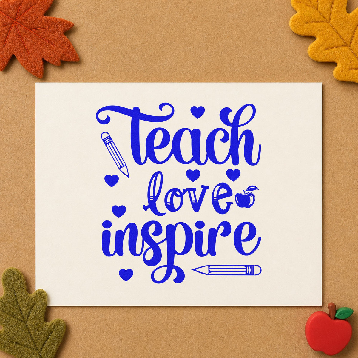 Teach Love Inspire Hearts craft stamp in blue ink on cardstock, an easy option for pouch zip panels.