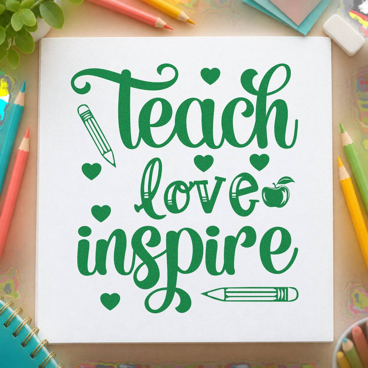 Teach Love Inspire Hearts craft stamp imprint in green ink on a handmade project, one idea being framed desk shelf.