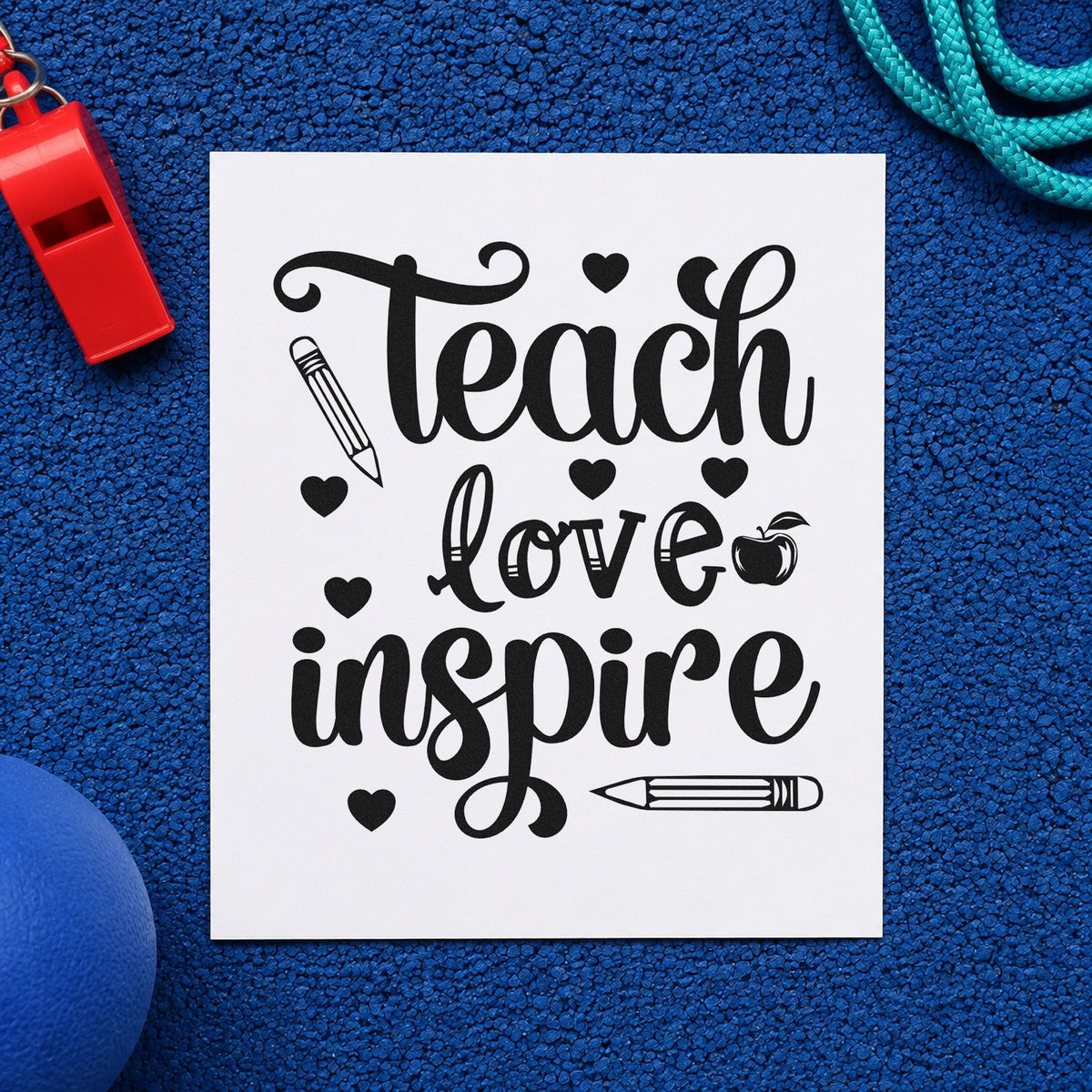 Teach Love Inspire Hearts rubber stamp printed in black ink, ready for two pencil hearts cards and similar paper crafts.