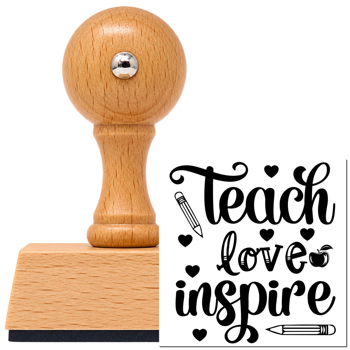 Vintage Pro beech wood stamp with a round knob handle, shown with its black Teach Love Inspire Apple imprint on white.