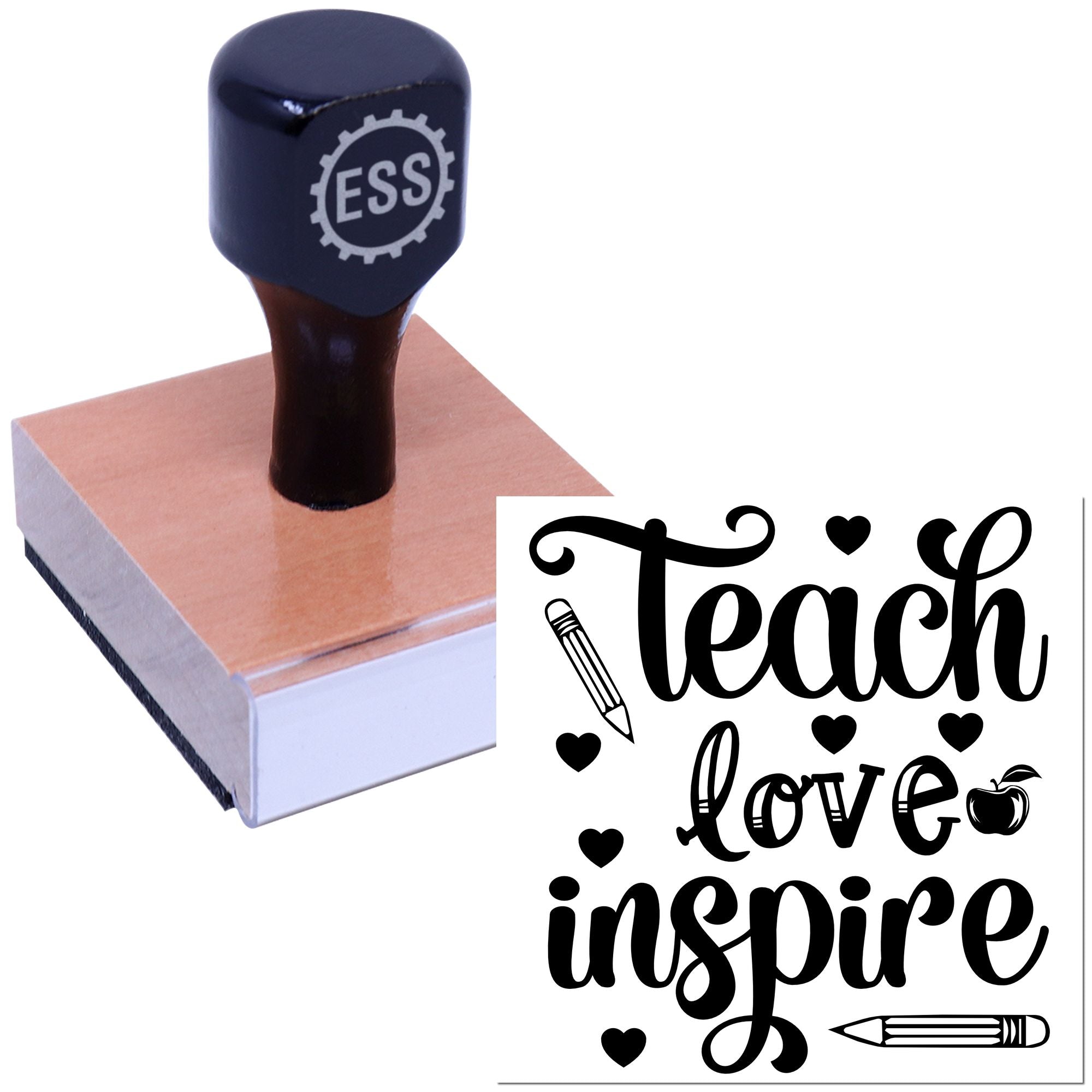 Navy ESS rubber stamp on wooden block with black Teach, love, inspire design, hearts and pencil icons.