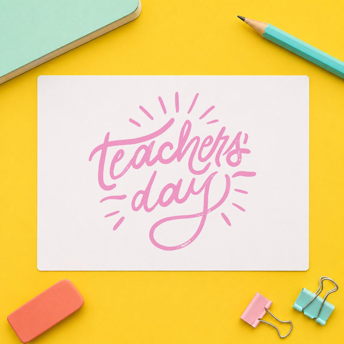 Teachers Day Radiating Script craft stamp in purple ink on cardstock, an easy option for whole staff tags.