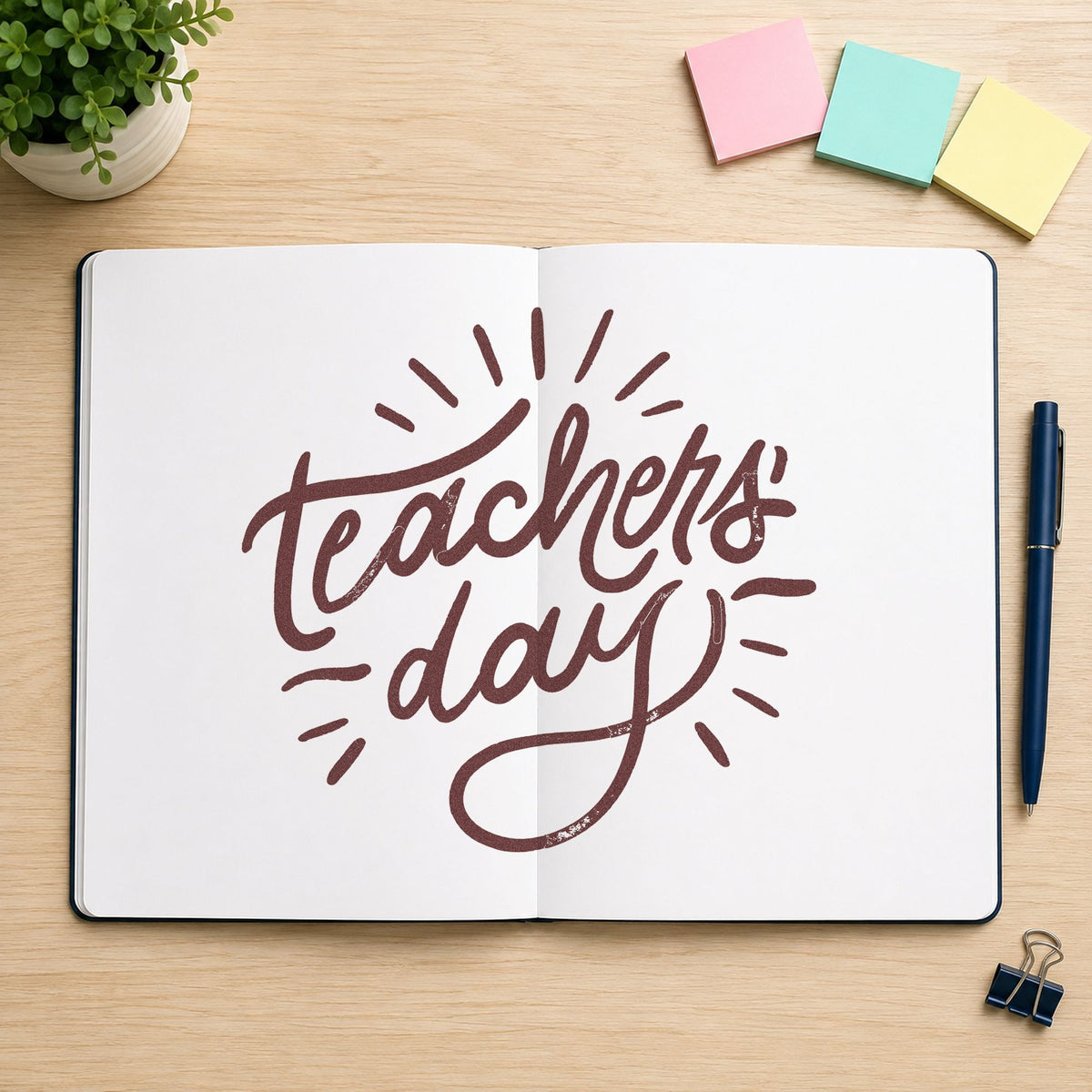 Teachers Day Radiating Script rubber stamp printed in brown ink, ready for flower stem labels and similar paper crafts.