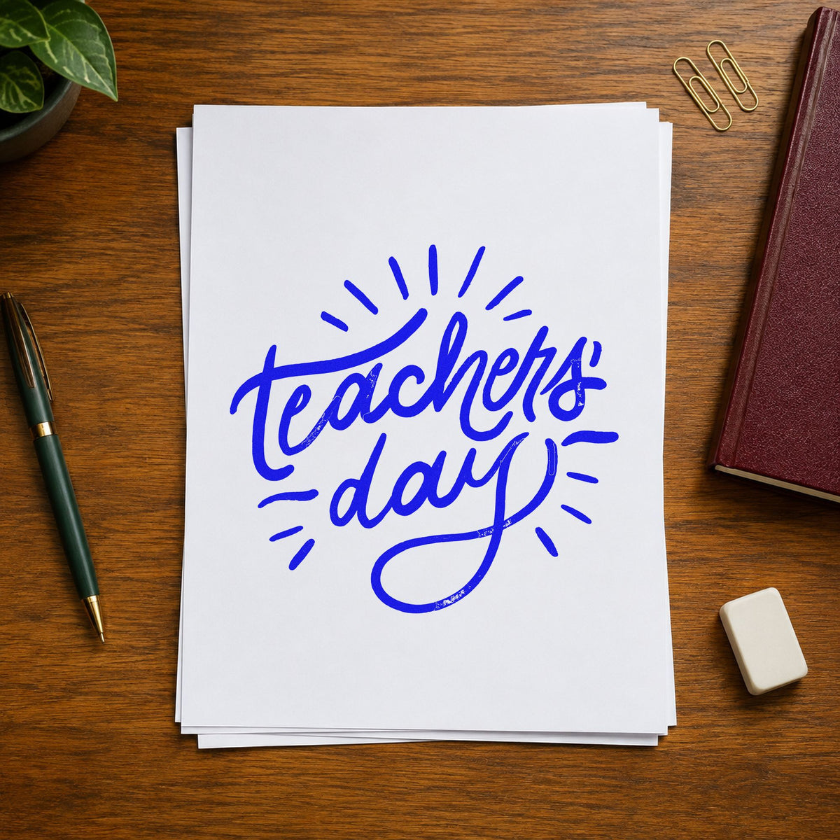 Teachers Day Radiating Script craft stamp in blue ink on cardstock, an easy option for bunting flag panels.