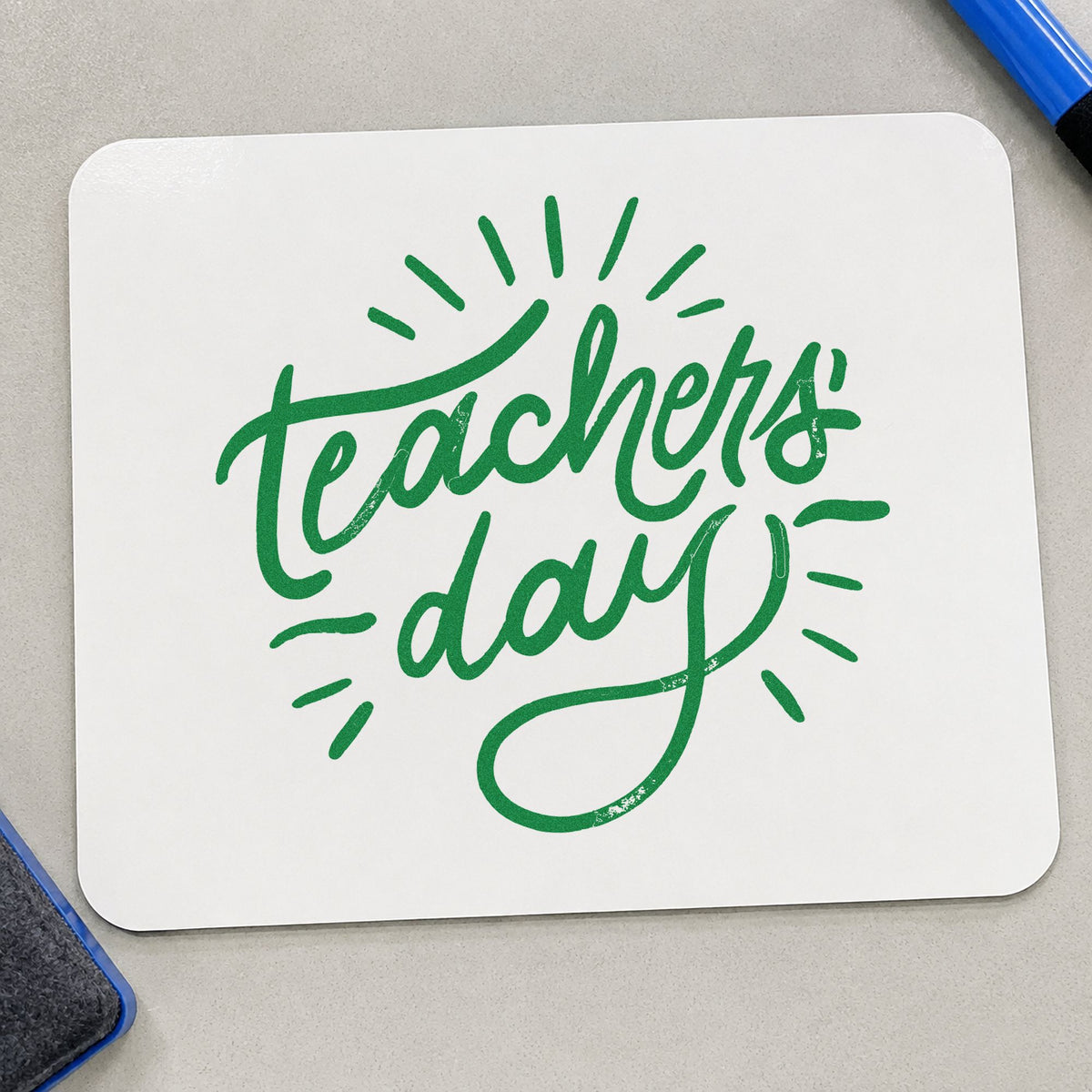 Teachers Day Radiating Script craft stamp imprint in green ink on a handmade project, one idea being framed entrance sign.
