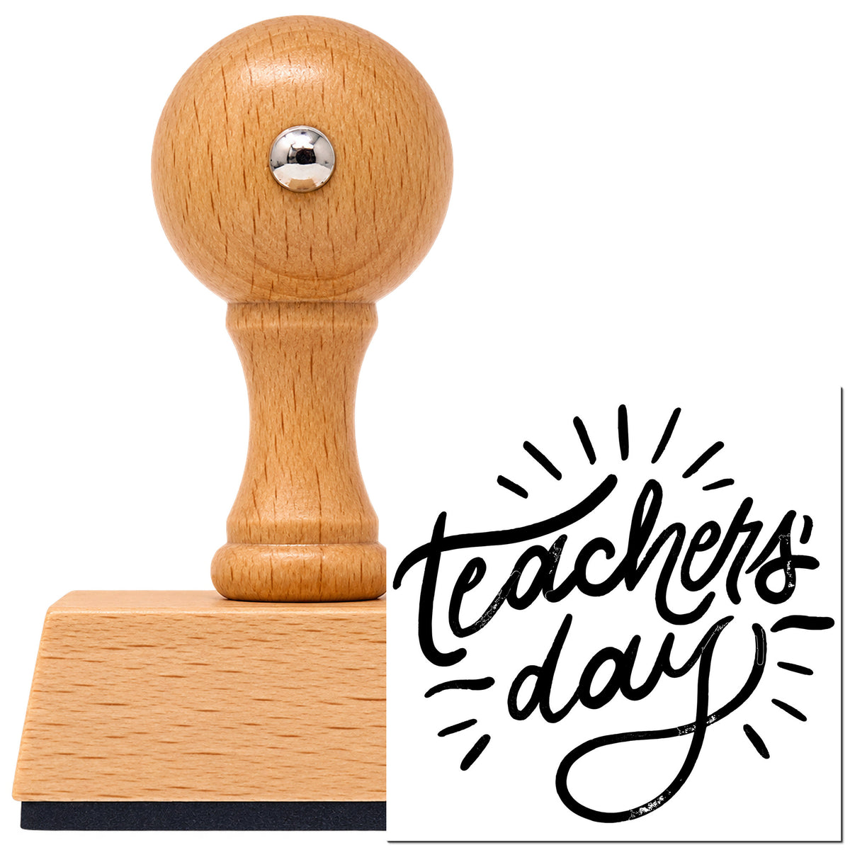 Vintage Pro beech wood stamp with a round knob handle, shown with its black Teachers Day Radiating Script imprint on white.