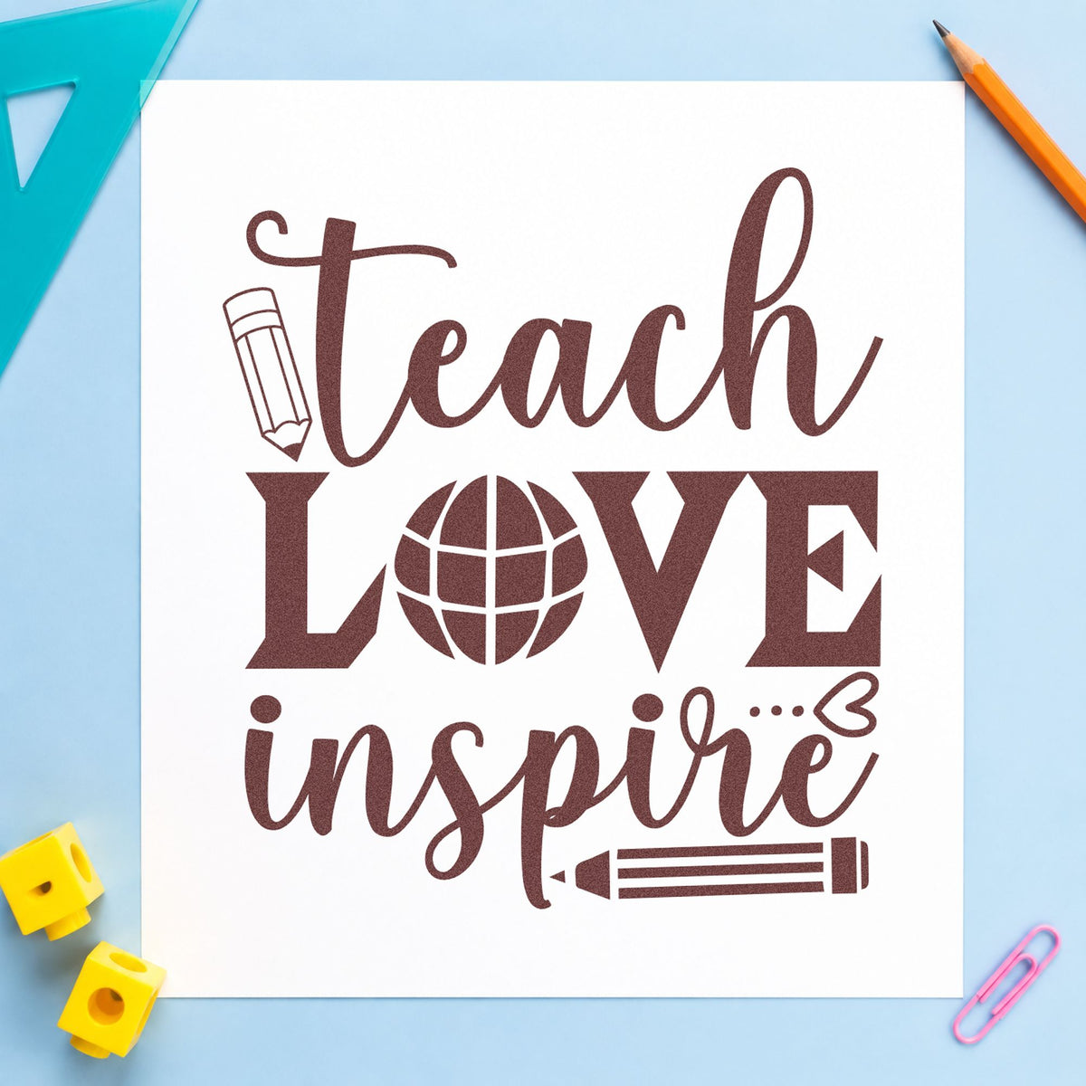 Teach Love Inspire Globe rubber stamp printed in brown ink, ready for suitcase tag labels and similar paper crafts.