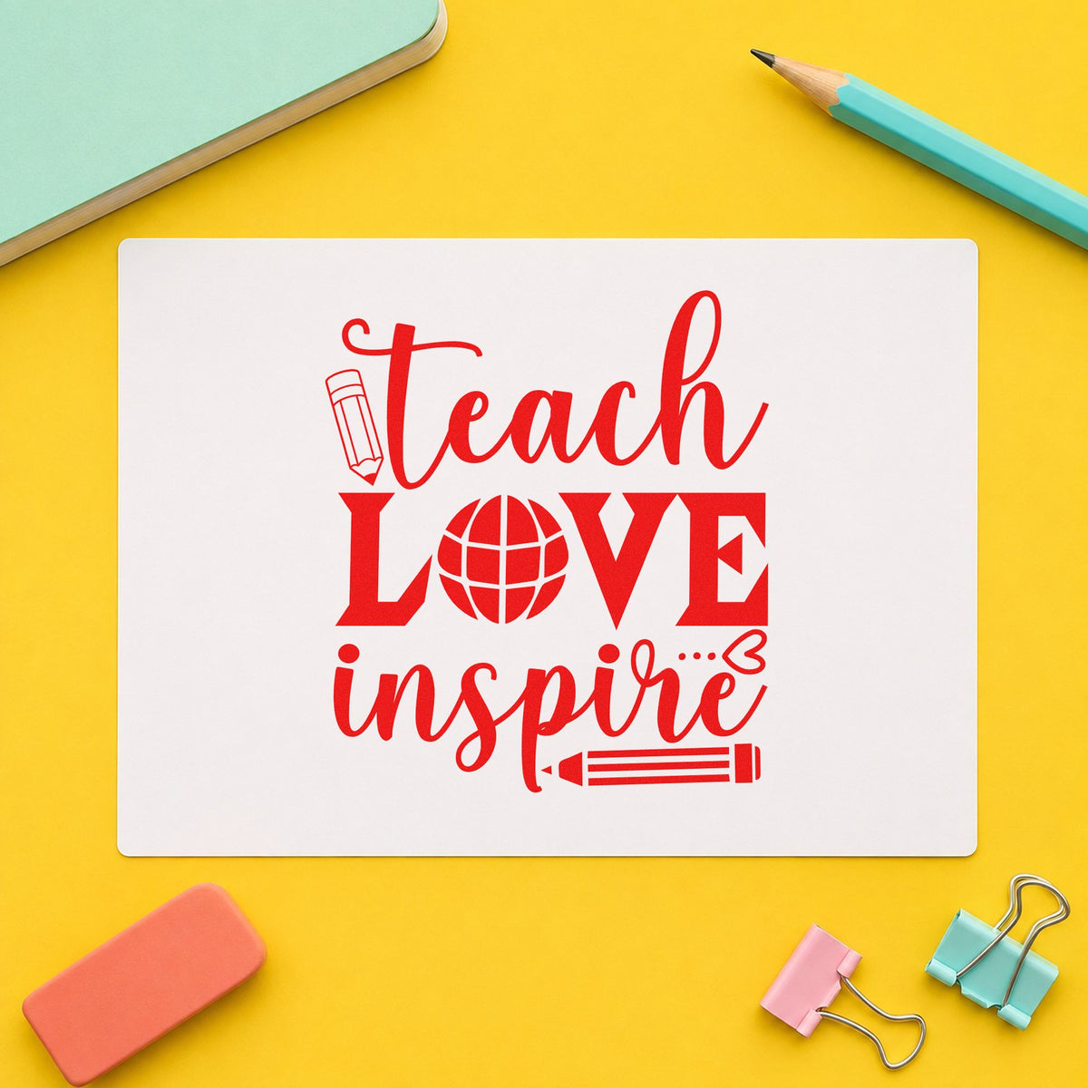 Teach Love Inspire Globe rubber stamp shown in red ink, stamped for projects such as farewell trip notes.