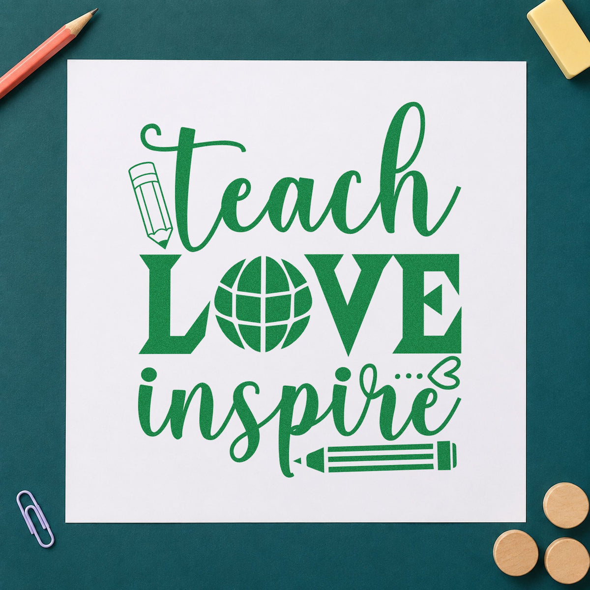 Teach Love Inspire Globe craft stamp imprint in green ink on a handmade project, one idea being framed route map.