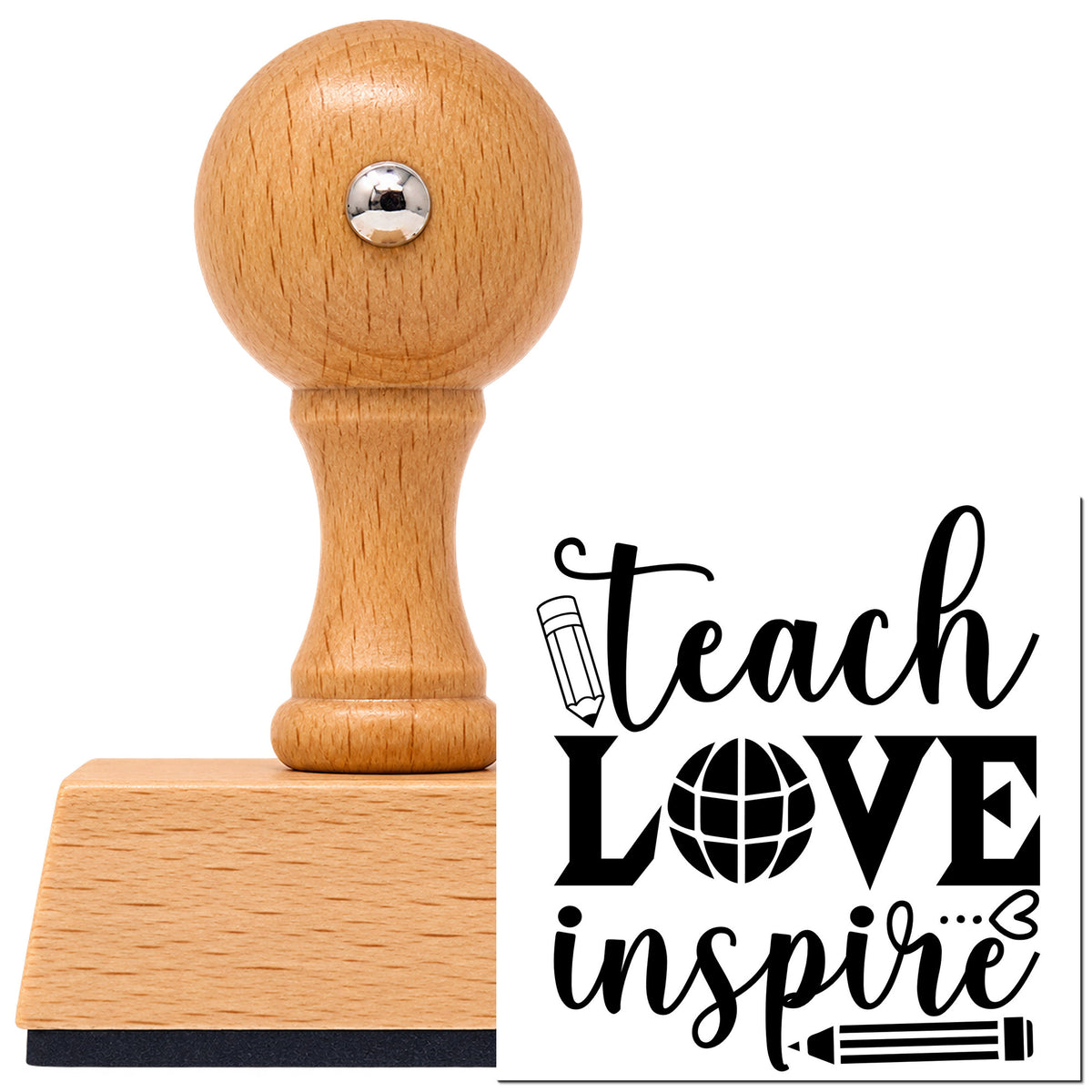 Vintage Pro beech wood stamp with a round knob handle, shown with its black Teach Love Inspire Globe imprint on white.