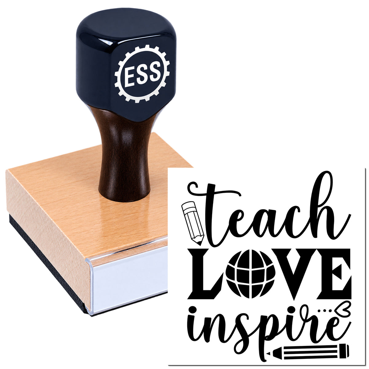 Black ESS custom stamp on a wooden block with a black-and-white "Teach Love Inspire" seal design.