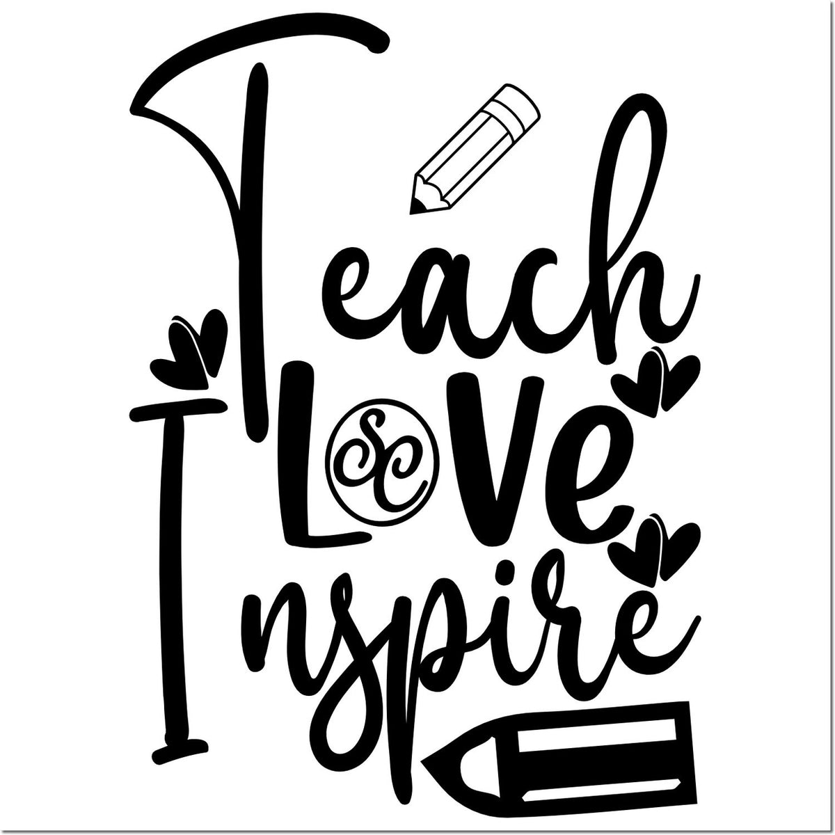 Black Teach Love Inspire stamp and seal design with pencil icon and heart accents on white background.
