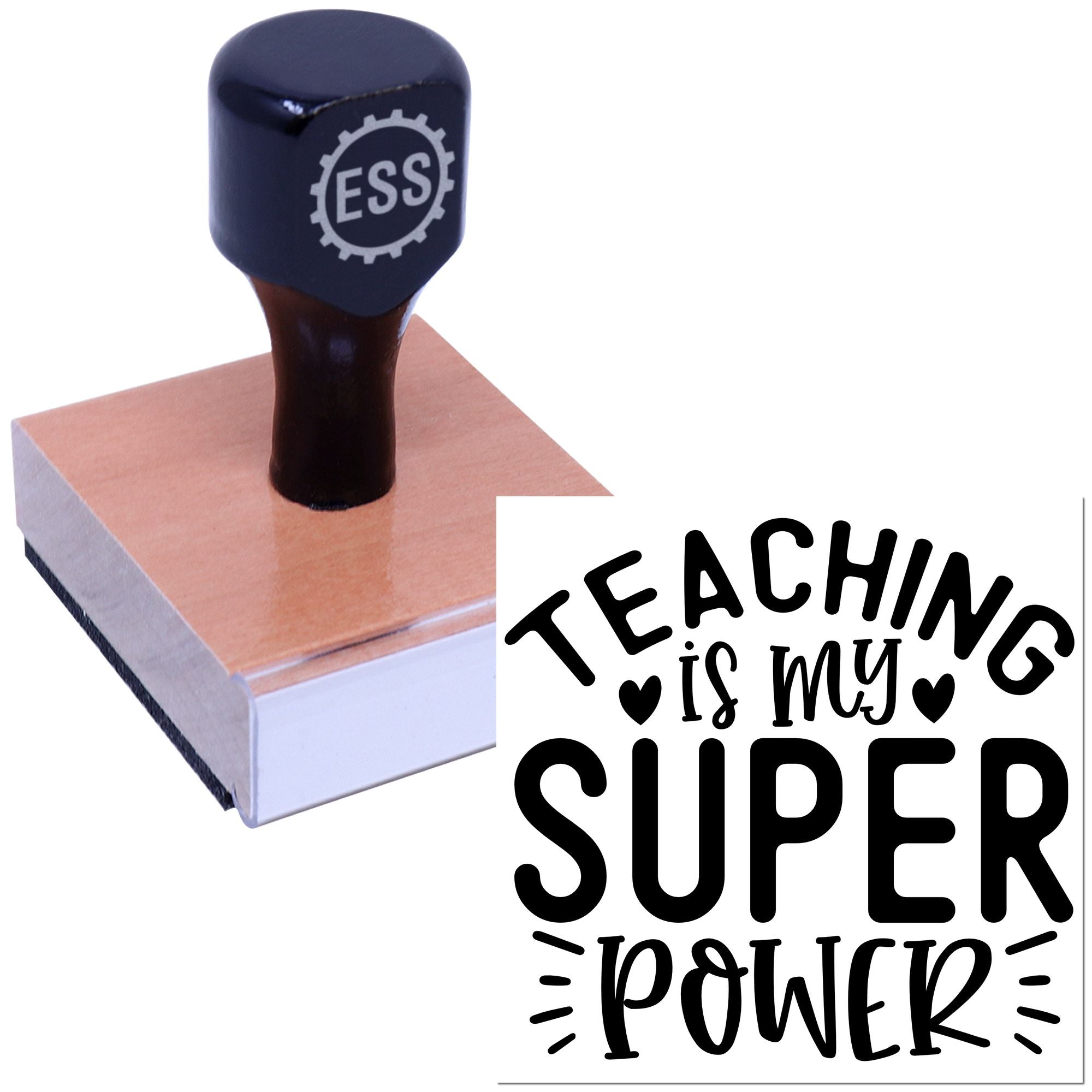 Dark blue ESS self-inking stamp on a pink pad beside a black Teaching is my super power seal design.
