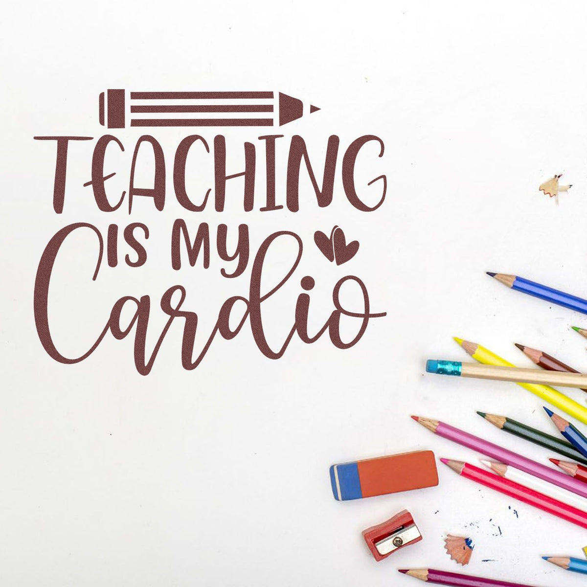 Maroon teaching stamp seal with pencil icon, colorful pencils, eraser and sharpener on white background.