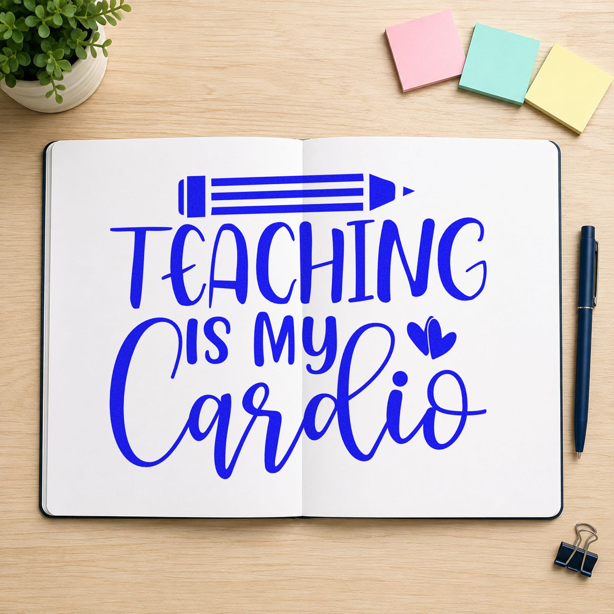 Teaching Is My Cardio craft stamp imprinted in blue ink on paper, a design suited to trainer bag seals.